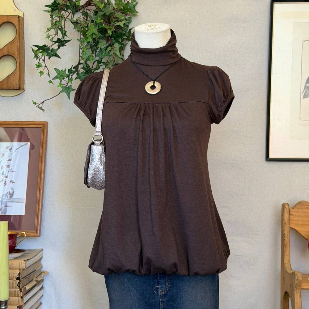 Brown Solid Knit Blouse Turtleneck Bubble Hem Y2K Whimsy Twee S Indie Cute